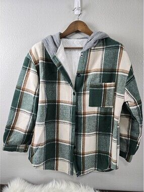 Womens Green Flannel Lined Button Up Jacket With Hood Size L